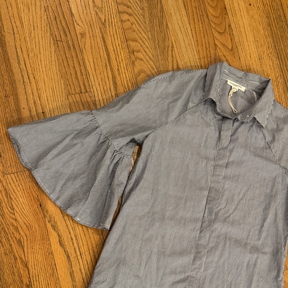 Cotton White Gray Striped Midi Dress with Flared Sleeves Size: XS - Picture 4 of 13